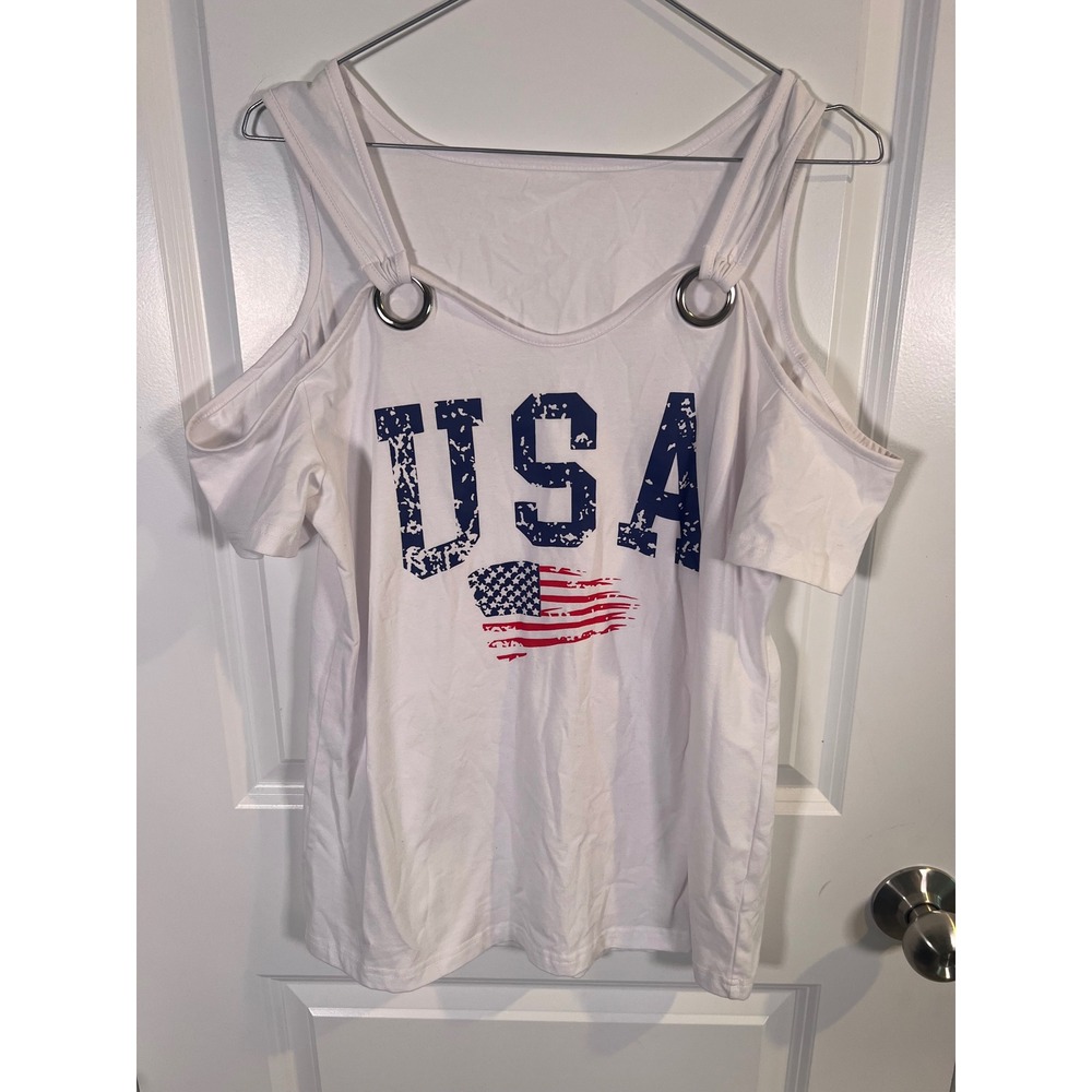 Unbranded Women Cold Shoulder Top USA Flag Graphic White Size S
